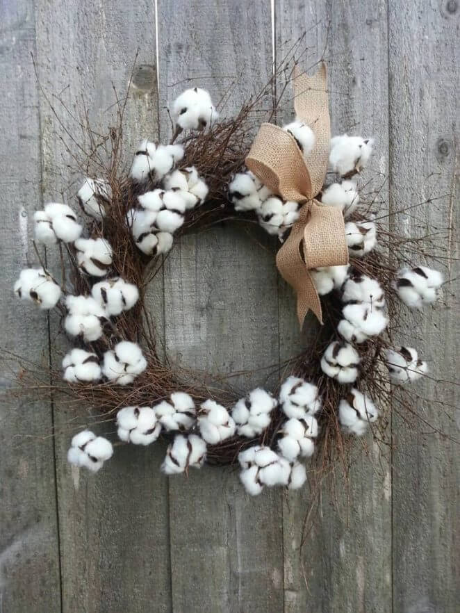 A Christmas wreath made of cotton flowers