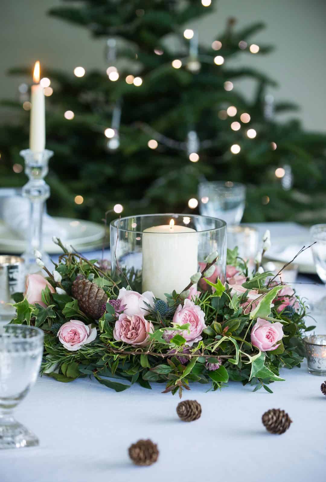 A handmade floral arrangement as a centerpiece for Christmas