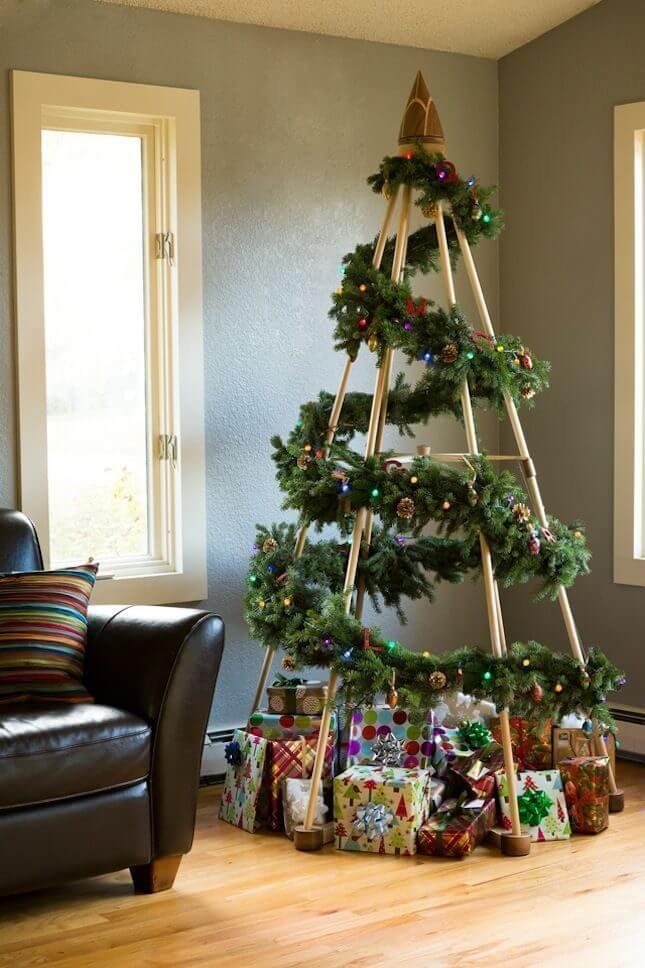 A minimalist tree in a garland 