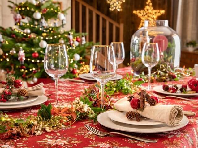 A traditional festive table in red and green