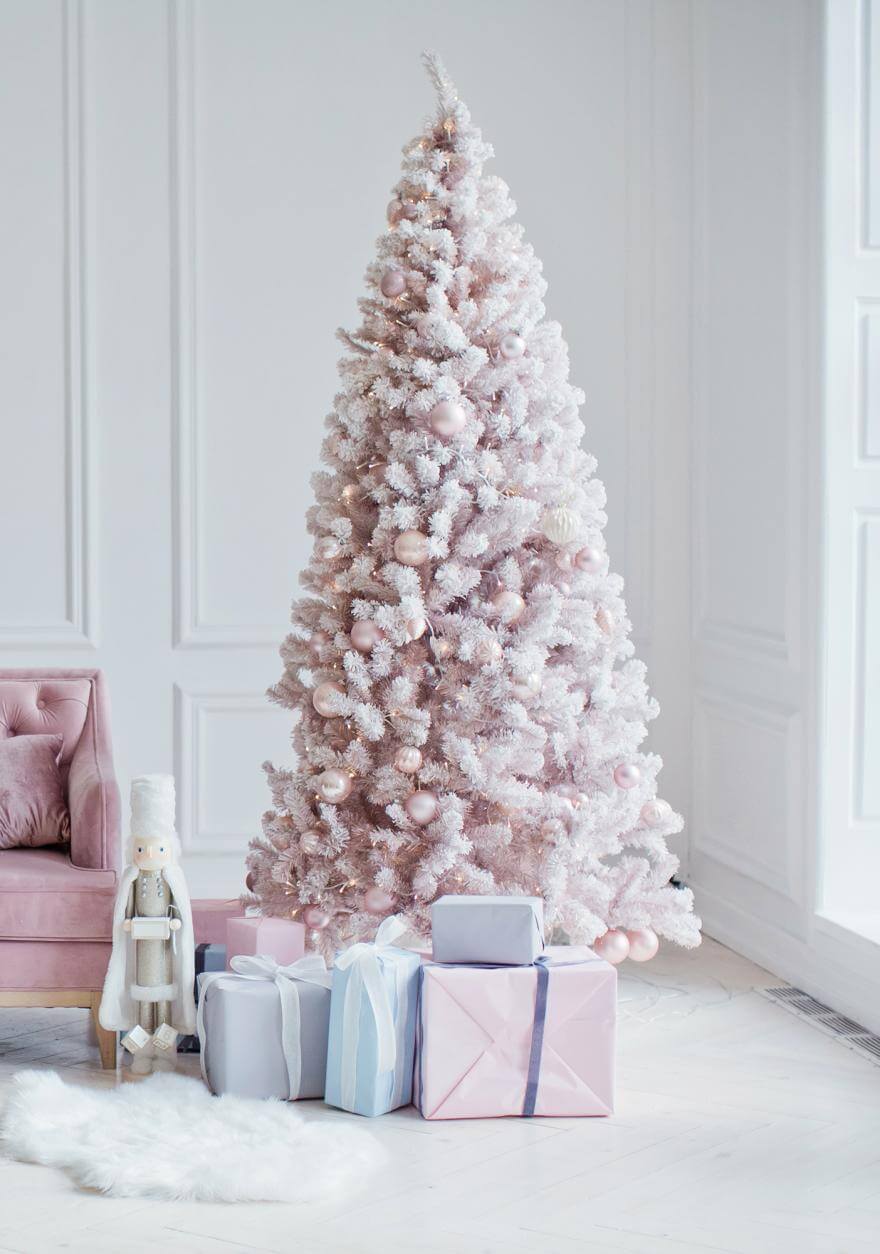 A white Christmas tree decorated in candy pink (1)