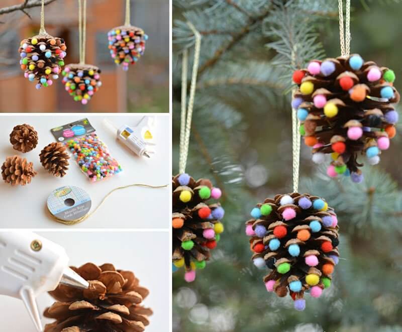 Do-it-yourself Christmas decoration with pine cones and mini pom poms (1)