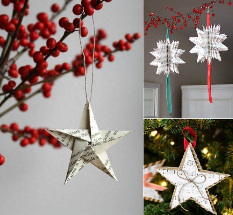 Wonderful stars as a book page or musical score as a DIY Christmas decoration (1)