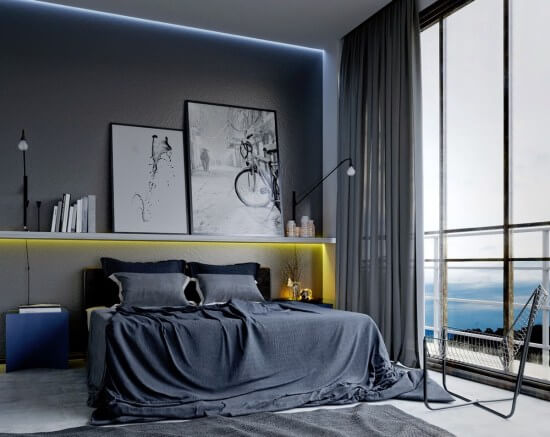 A masculine bedroom on the theme of travel (1)