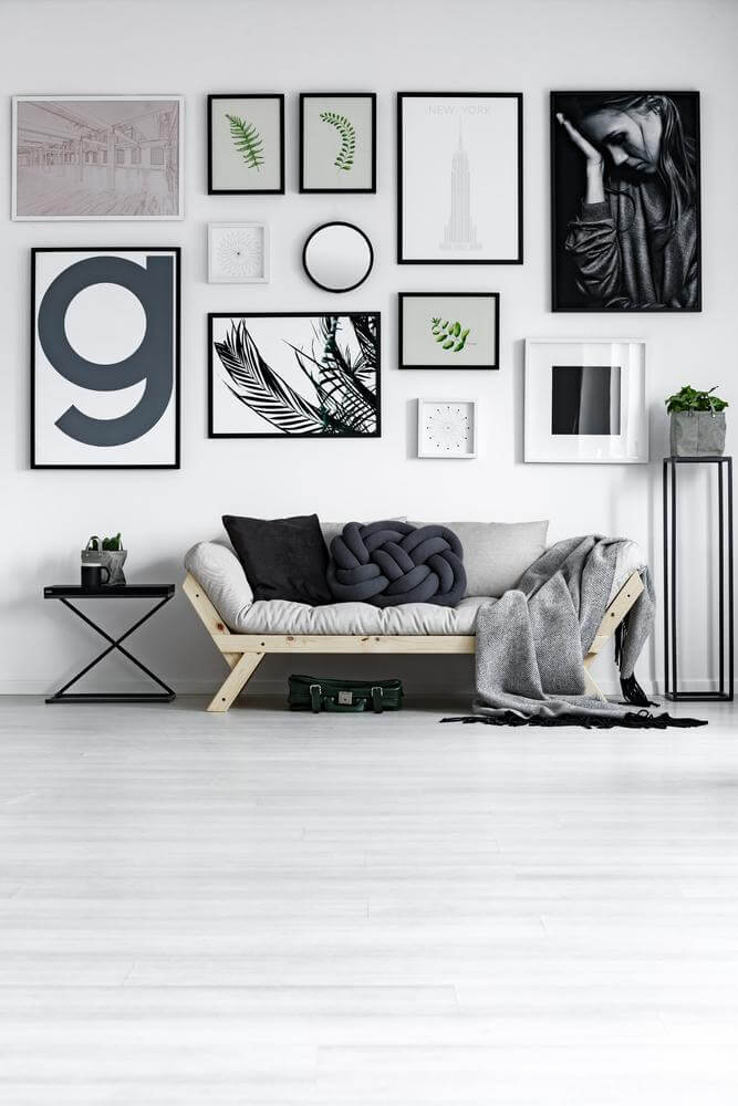 A modern wall of black and white frames (1)