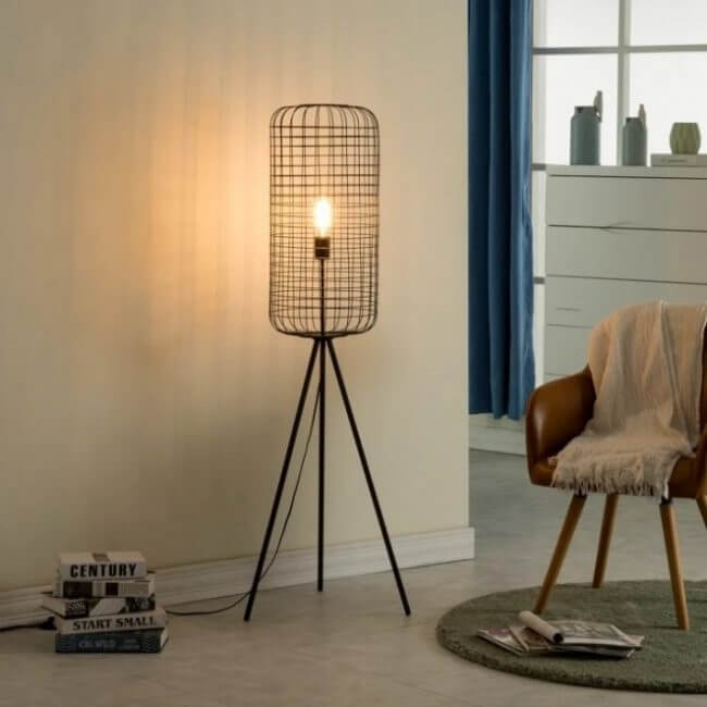 An industrial design floor lamp decorates the room, on or off (1)