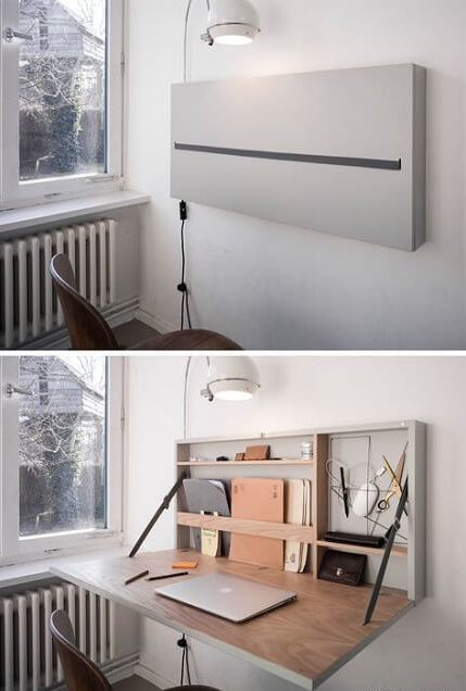 Attach a folding desk to the wall space saving guaranteed