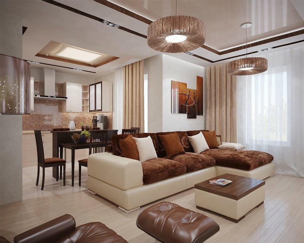 Beige brown living room, off-white sofa and brown decorative cushions (1)