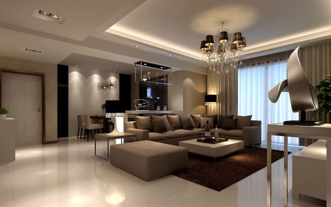corner sofa in brown, matching cushions, beige walls and floor (1)