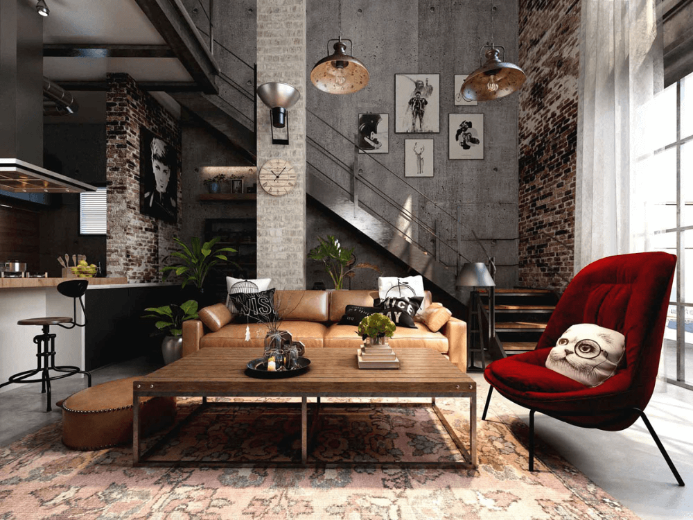 Industrial living room with red chair1 (1)