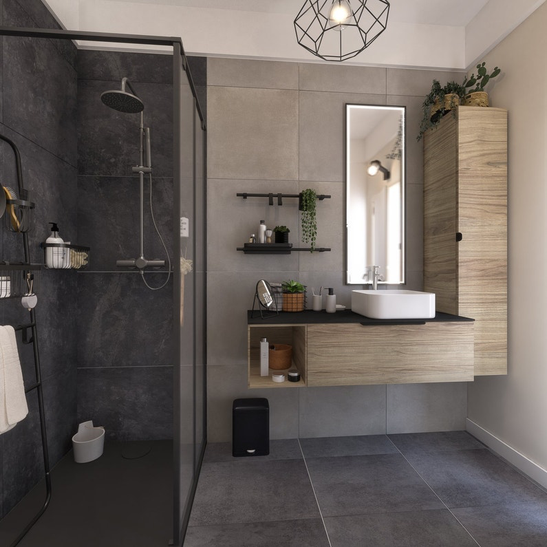 A gray bathroom with an urban style