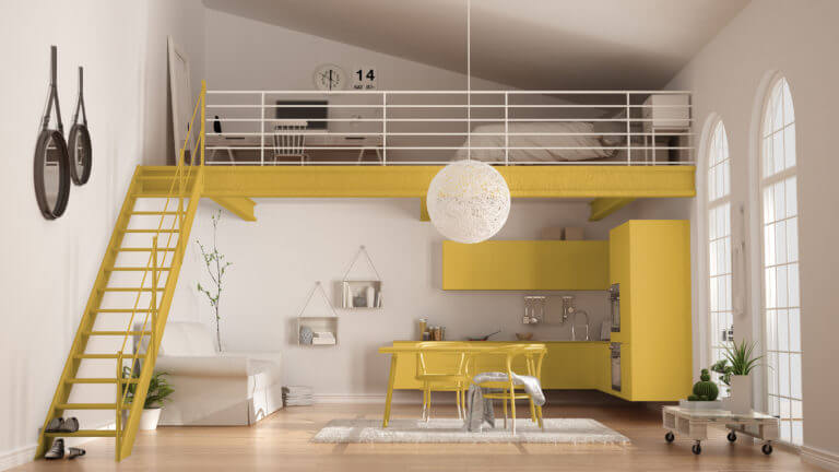 A yellow kitchenette in a studio (1)