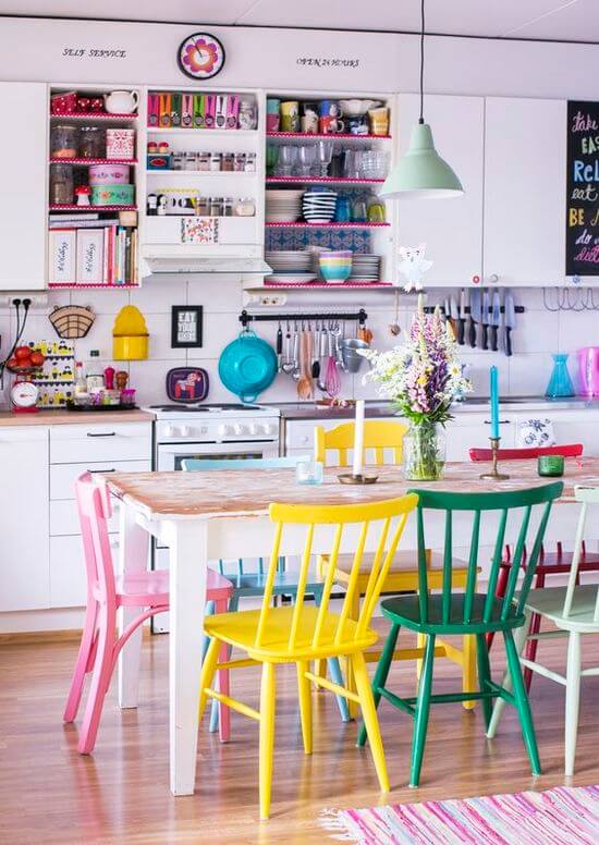 Kitchen with vintage colorful chairs (1)