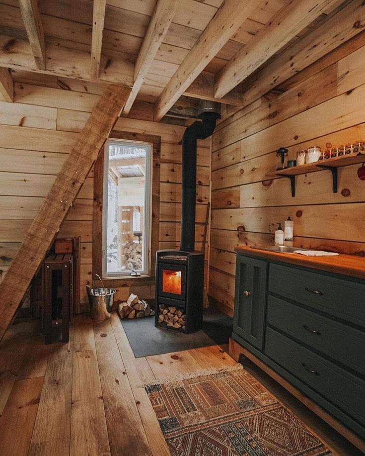The stove brings warmth to the chalet-style decor