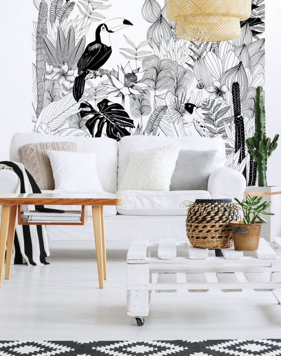 Black and white floral wallpaper decoration