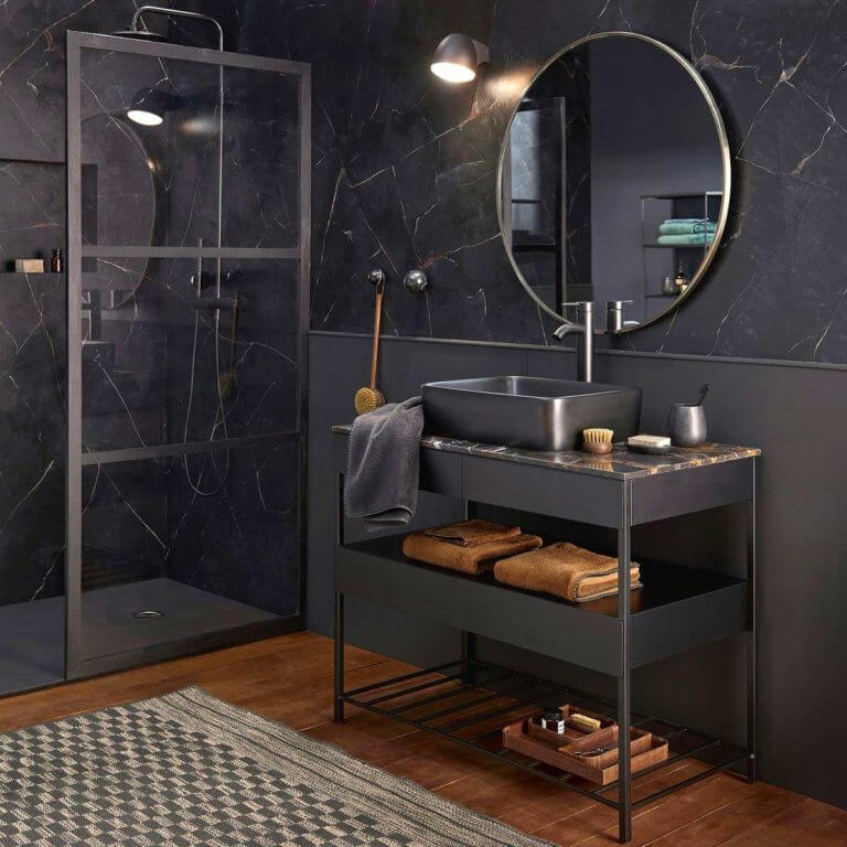 Matte black bathroom cabinet with marble top (1)