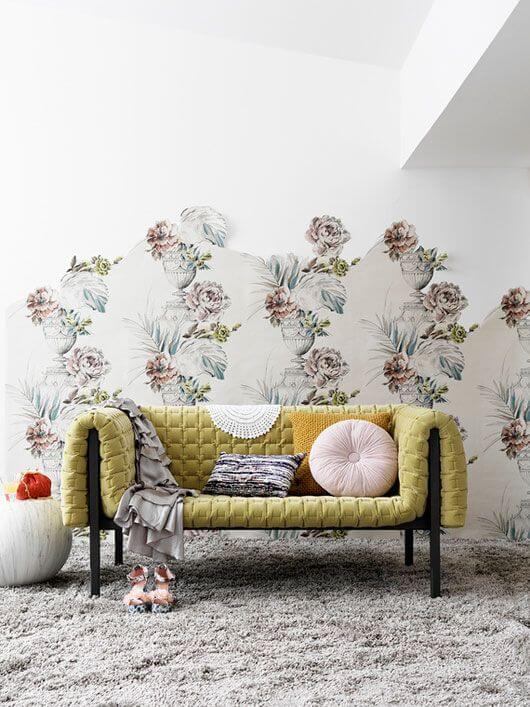 beautiful mustard yellow sofa with tropical wallpaper (1)