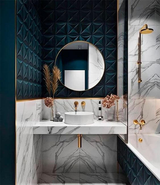 chic blue bathroom with white marble and teal tiles (1)