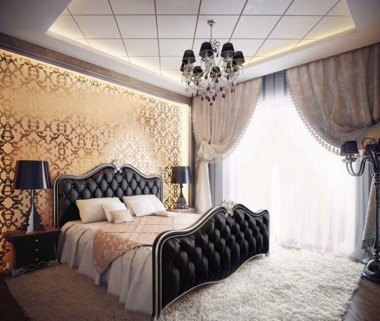 A gold patterned wallpaper to make your bedroom shine