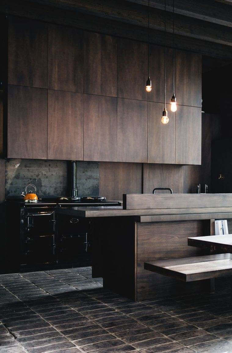 Dark wood kitchen for man and modern hanging light bulbs (1)