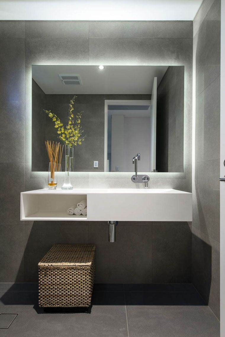 Large rectangular and bright designer bathroom mirror