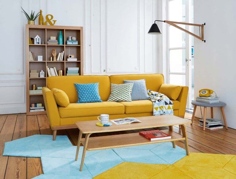 Scandinavian yellow sofa with wooden legs (1)