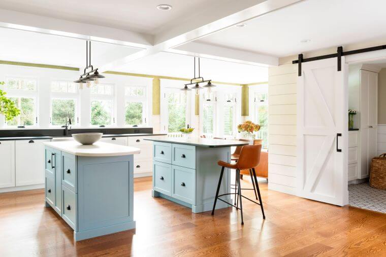 White kitchen with two central islands in light blue (1)
