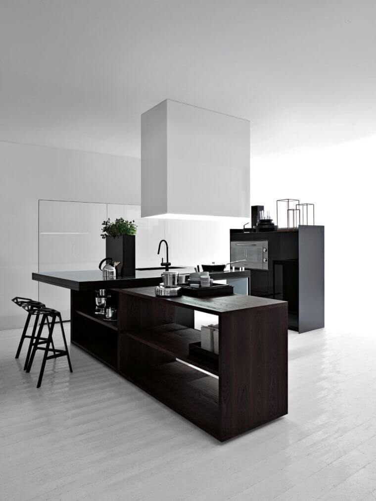 modern kitchen for man with white coating and furniture in dark tones (1)