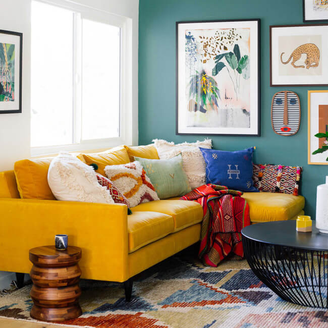Duck blue wall and yellow corner sofa (1)