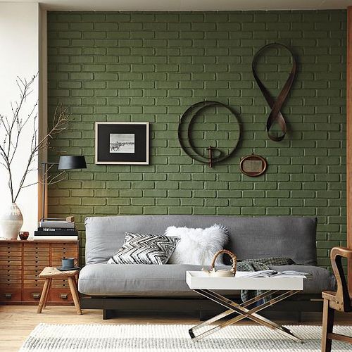 sage green brick accent wall