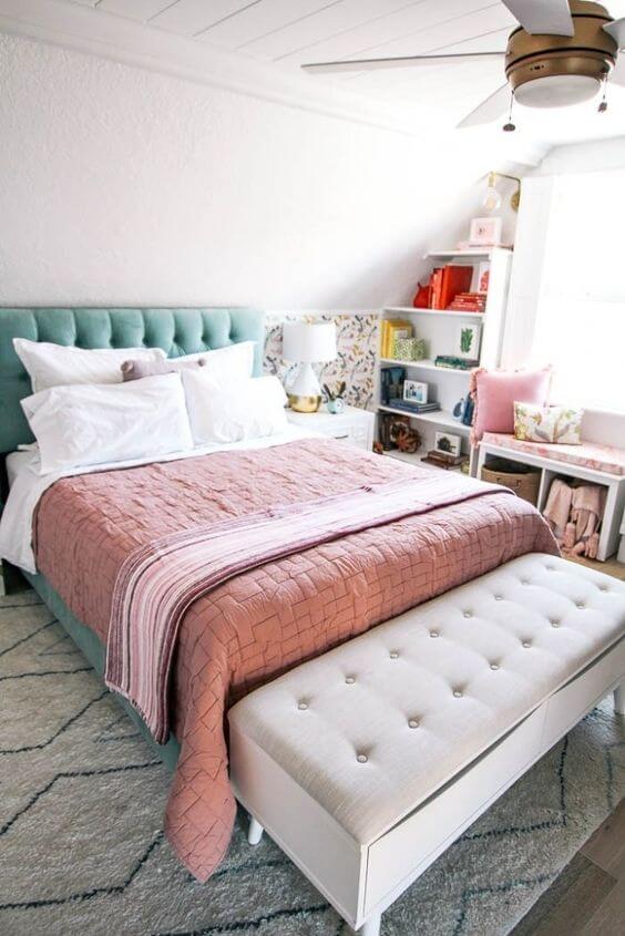 7. Soft bed with mint and hot pink