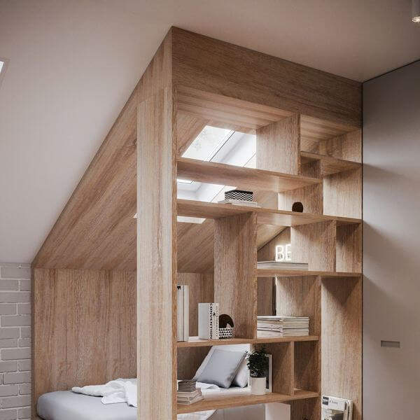 1- A wooden structure insulates the sleeping area in a small bedroom