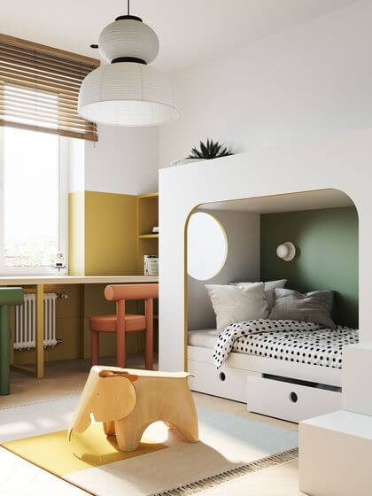10- In a child's room, a corner painted ocher creates a graphic play of colors