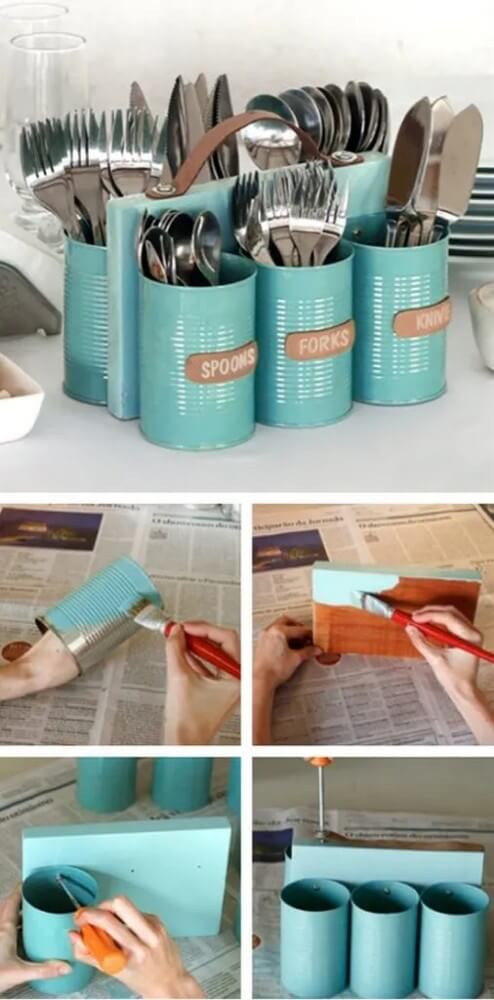 12- Cutlery basket with tin cans