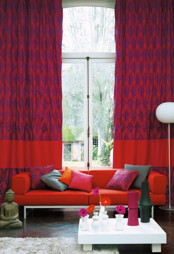 5. Red prints on the curtain and cushions