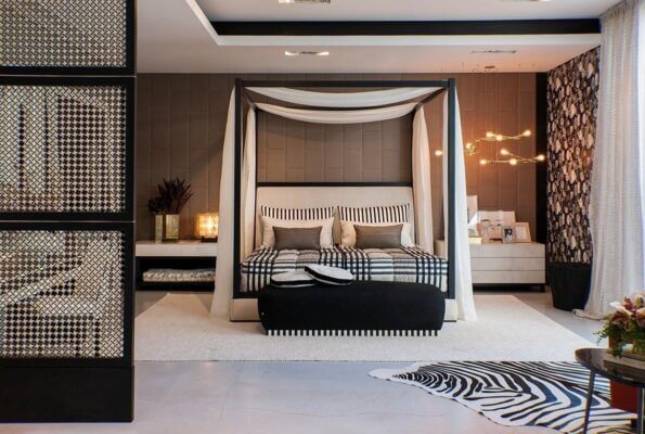 15. Different black and white prints were combined in this room
